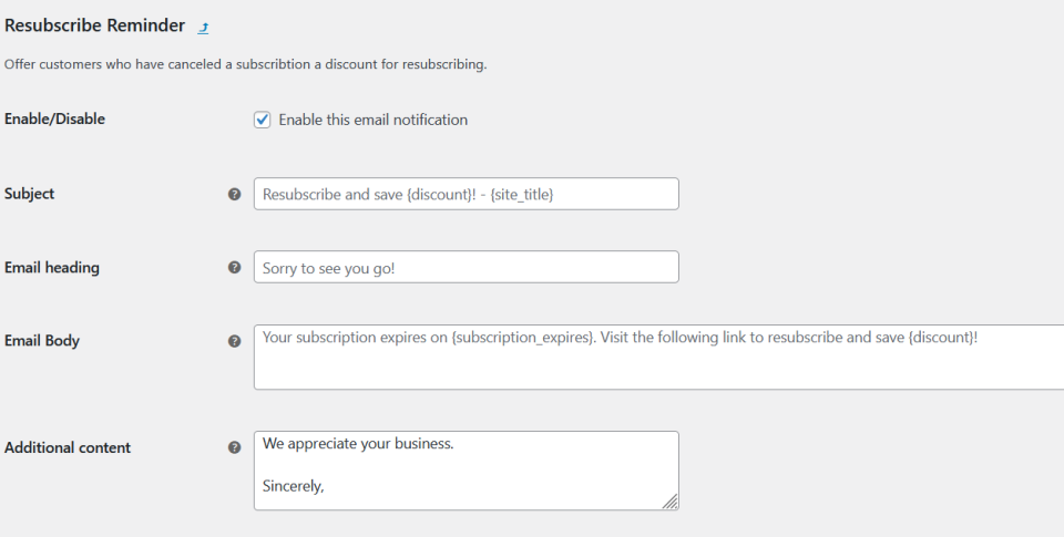 Resubscribe email settings