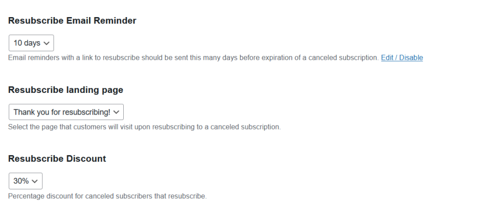 Resubscribe plugin settings